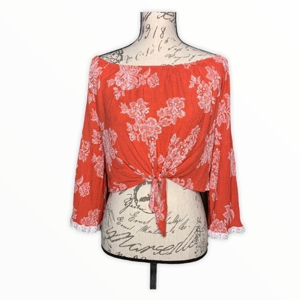 Anna Grace Cropped Bell Sleeve Front Tie Blouse